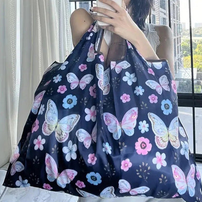 Portable Folding Shopping Bag Butterfly Flower Printing Grocery Bag Eco-friendly Reusable High-capacity Tote Bags 2024 New
