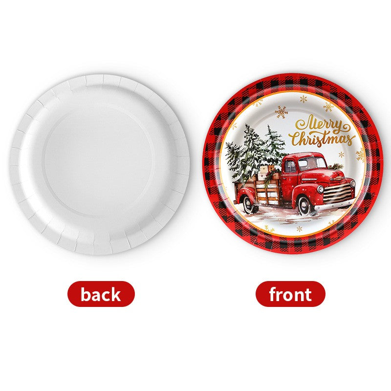 Christmas Theme Party Tableware Red Plaid Christmas Car Disposable Tableware Set Paper Plate Party Decoration Supplies