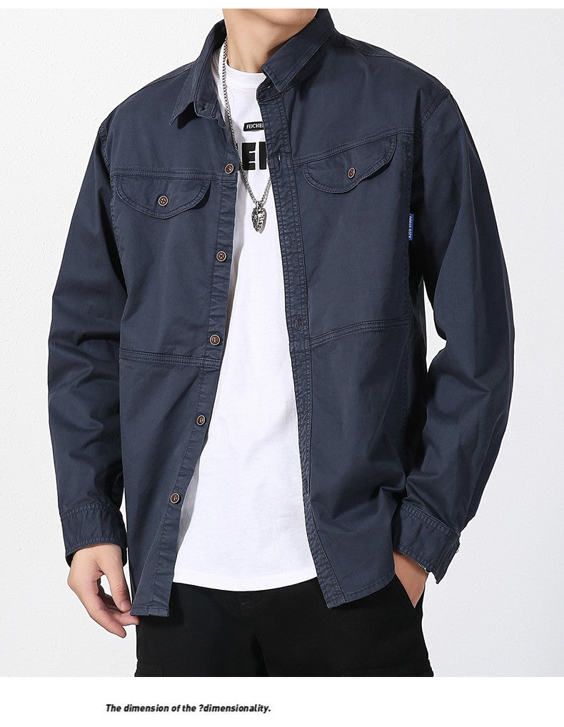 Men Slim Fit Turn-Down Collar Loose Cargo Shrit Spring Autumn Casual Wash Cotton Safari Style Jacket with Multiple Pockets Coat