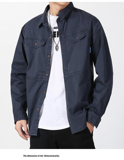 Men Slim Fit Turn-Down Collar Loose Cargo Shrit Spring Autumn Casual Wash Cotton Safari Style Jacket with Multiple Pockets Coat