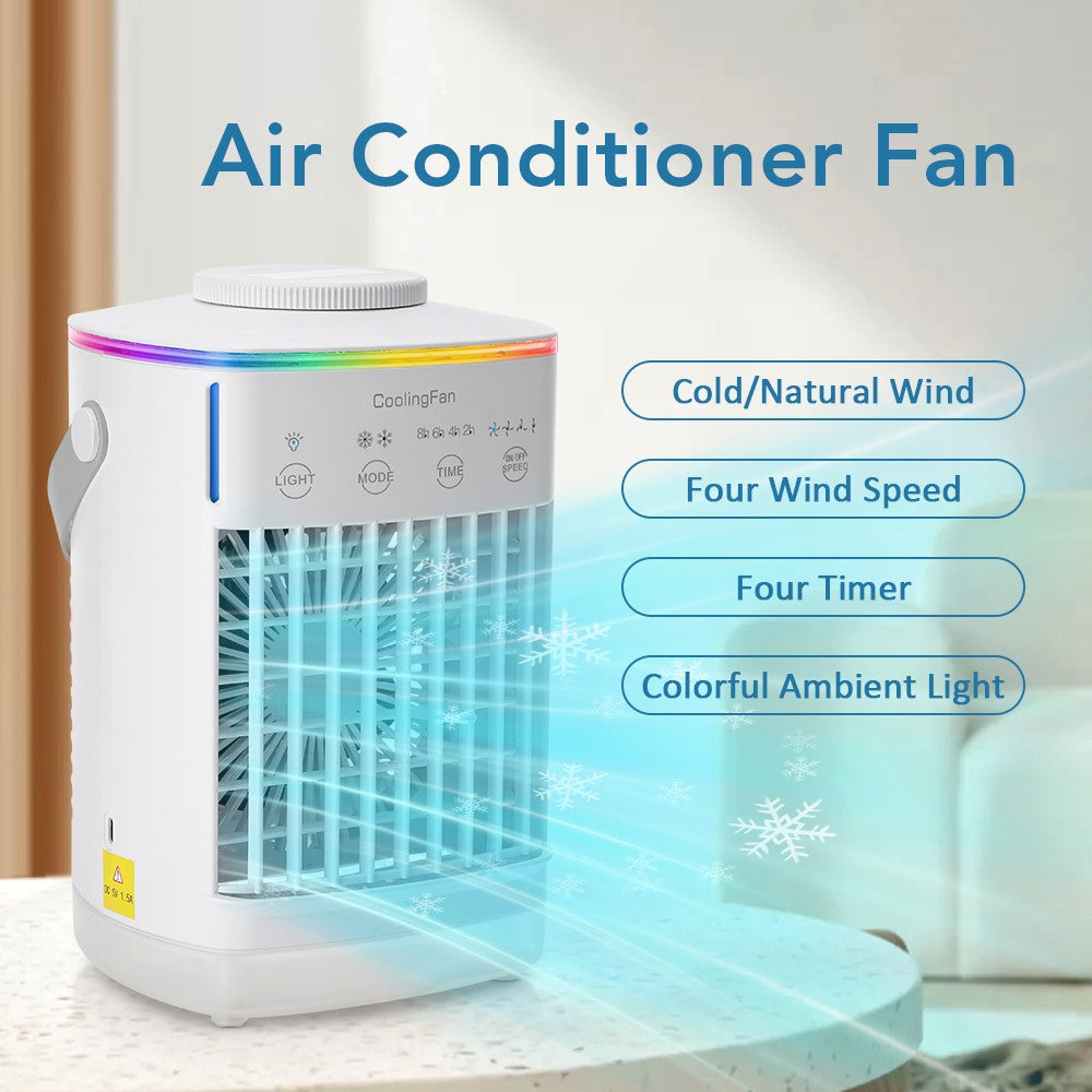 Mini climatizador portátil de 4 velocidades para mesa com temporizador, ventilador de resfriamento, spray de água, USB, para escritório e casa