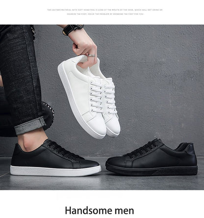 Men's Vulcanized Shoes Casual Low Top Flat Sneakers White Shoes Zapatillas Hombre Chaussure Homme Drop Shipping Leather Black
