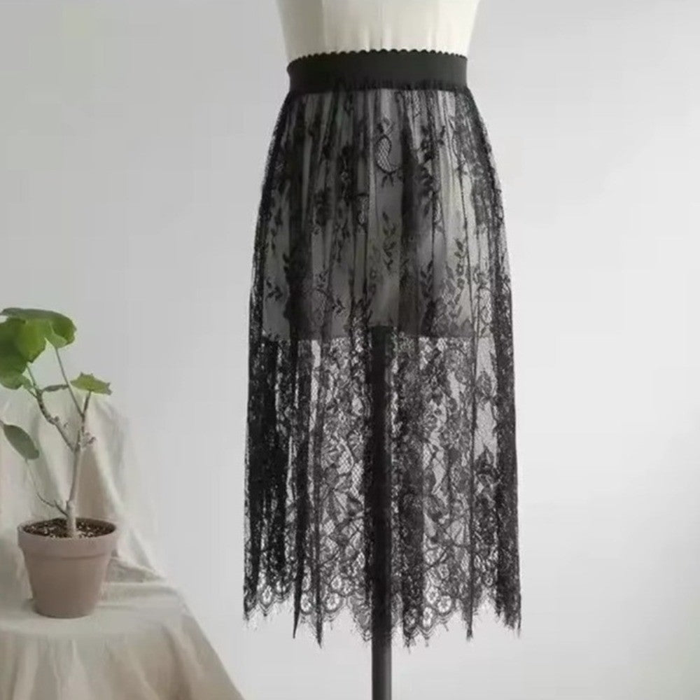 Fashion Transparent Sexy Lace Mesh Skirt Elegant 2 Length Midi Skirt Elastic High Waist Ladies Womens Skirt Ladies