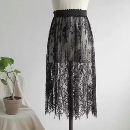 Fashion Transparent Sexy Lace Mesh Skirt Elegant 2 Length Midi Skirt Elastic High Waist Ladies Womens Skirt Ladies