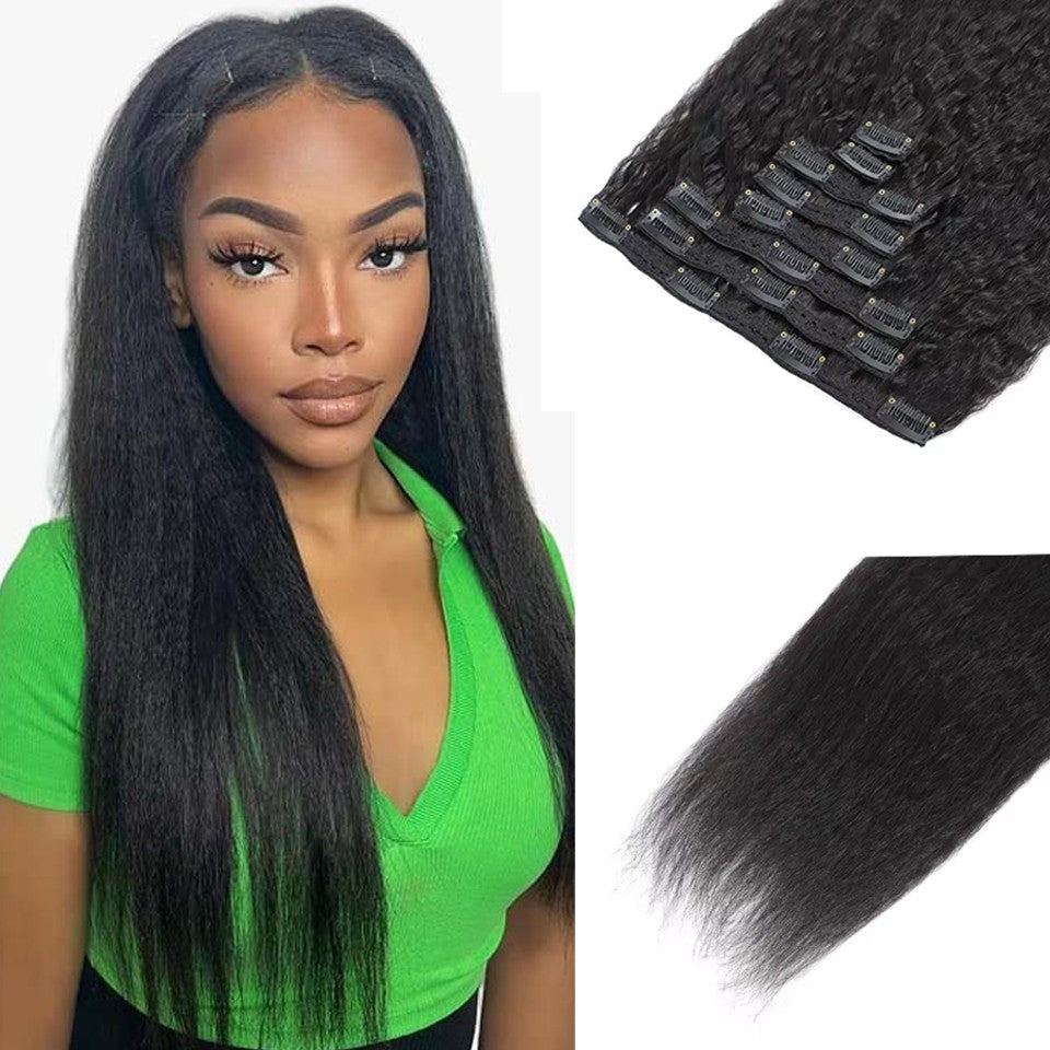 Extensões de Cabelo Humano Cacheado Liso 100% Não Processado Remy Clip-in Extensões de Cabelo com Trama Dupla de Pele Clip-in Para Mulheres Negras
