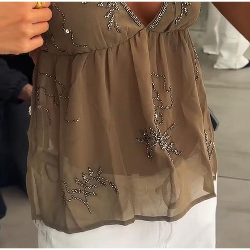 Sequins Bead Snowflake Midi Dress Women Fashion Sleeveless Backless Ruffle Pleat