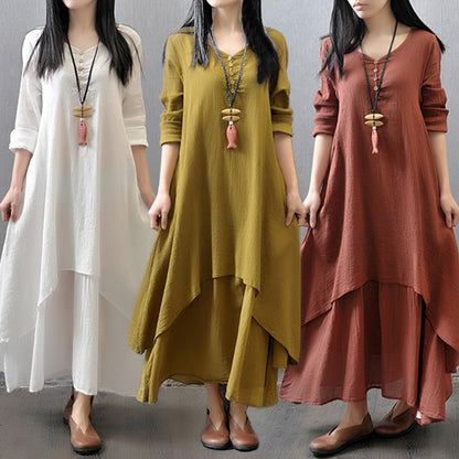 Summer Women Boho Vintage cotton and linen pocket dress Fake Two-piece Literary Irregular Large Swing Dress Robe double-layer