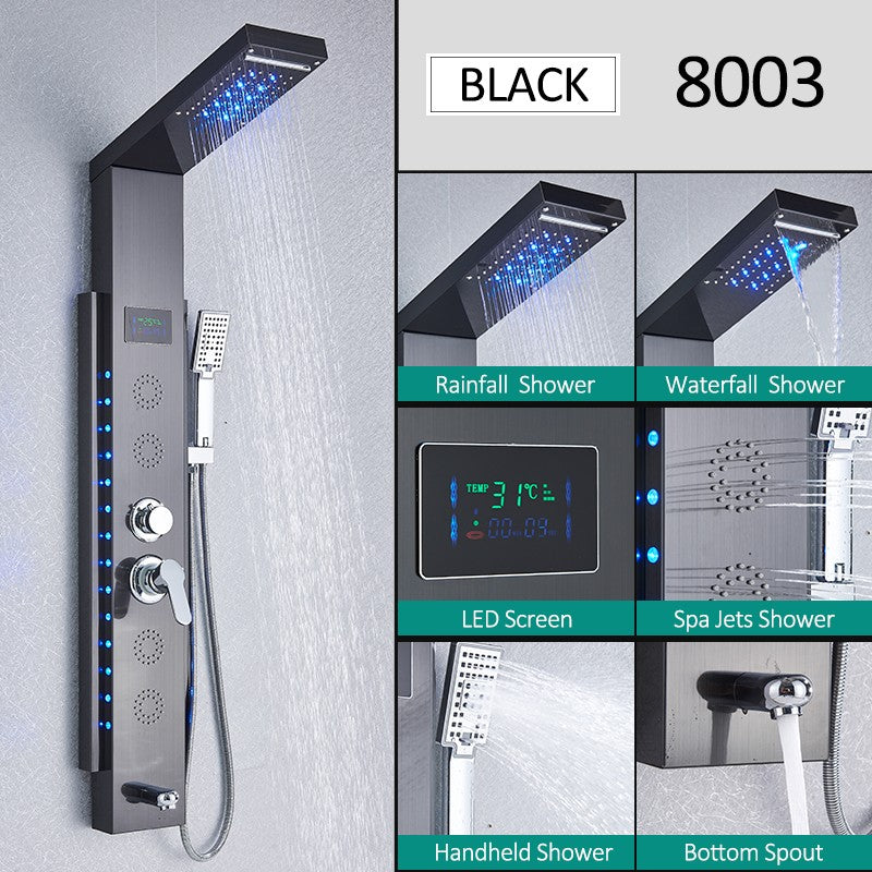 Sistema de Torre de Painel de Chuveiro de LED Coluna de Chuveiro de Cascata de Chuva com Tela LCD de Hidroeletricidade com Torneira de Chuveiro de Spa de Corpo com Massagem