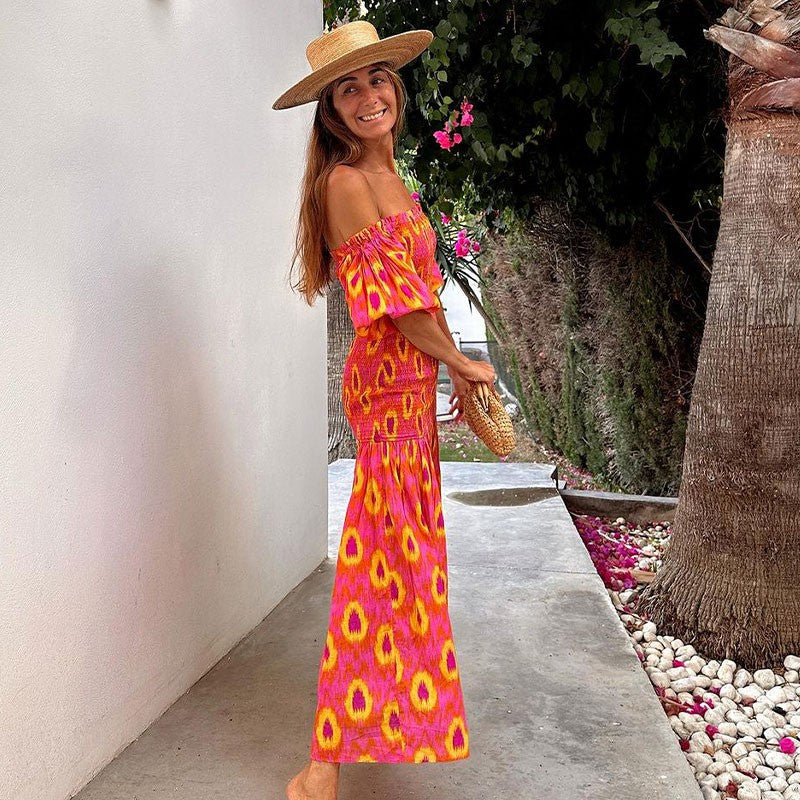 Women Summer Party Holiday Lady Streetwears Print Ruffle Pleated Long Dress Fash