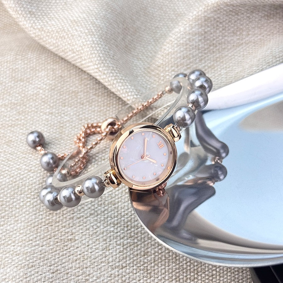 French Romantic Pearl Pull Cord Handheld Watch Elegant Small Fashion Bracelet Quartz Wristwatch Stylish Portable Timepiece