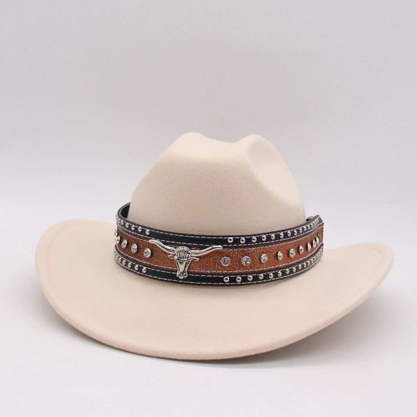 Fashionable Wide Brim Hat with Rhinestone Bull Belt - Trendy Cowgirl Cap for Men and Women Perfect for Outdoor Activities