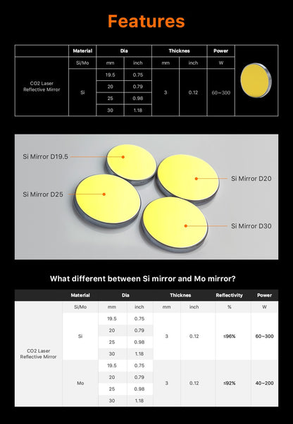 LUMENEDGE 3 Peças Espelho Si Lente Refletiva a Laser Diâmetro 19,05 20 25 30 mm Silício Banhado a Ouro para Máquina de Gravação a Laser CO2