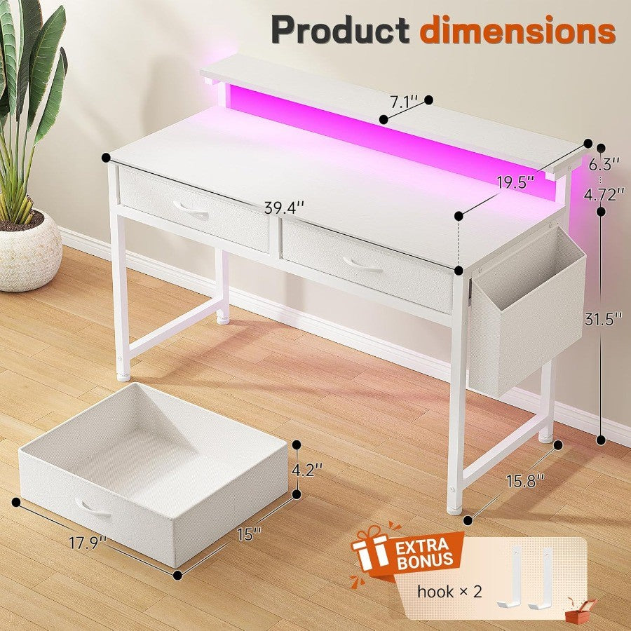 39.4 Inch Computer Desk with 2 Drawers and LED Lights for Small Spaces Home Office Study Writing Table with Side Pocket and Mon