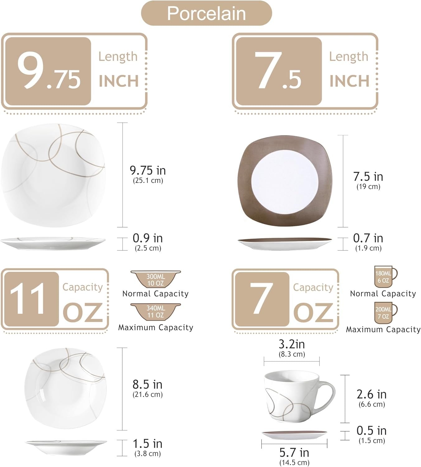 Conjunto de Louça de 30 Peças Marfim Branco Linhas Marrons Porcelana Fina Cerâmica Conjuntos Combinados de Pratos de Sobremesa/Pratos Fundos/Pratos Rasos