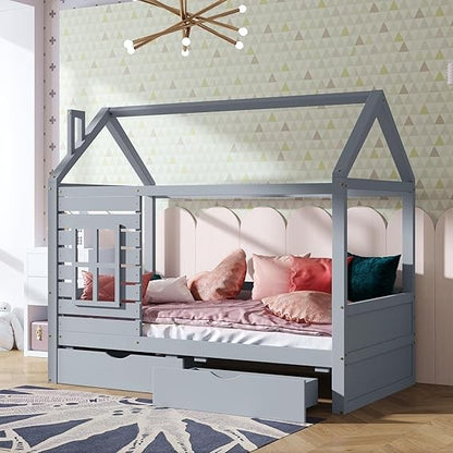 Cama Infantil Aoowow com Cama de Casa de Tamanho de Solteiro e 2 Gavetas, Estrutura de Cama de Madeira de Solteiro com Janela e Telhado para Quarto, Cama Infantil de Tamanho de Solteiro Moderna Pla
