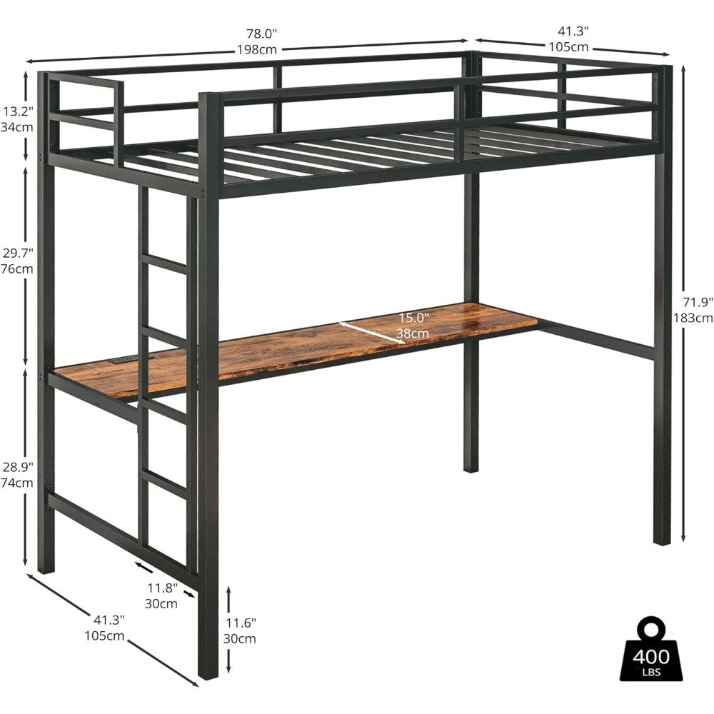 Cama Beliche Loft de Metal Tamanho Solteiro com Escrivaninha, Tomada, Luzes LED, Economia de Espaço, Sem Ruído, Preto