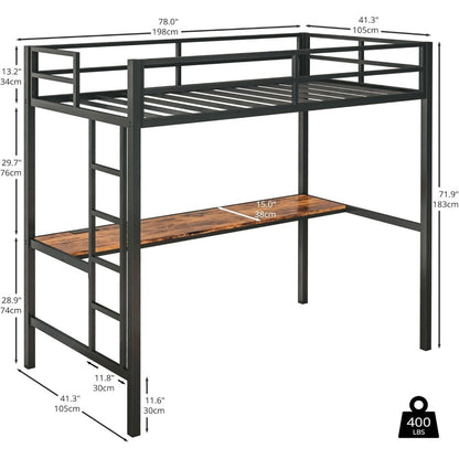 Cama Beliche Loft de Metal Tamanho Solteiro com Escrivaninha, Tomada, Luzes LED, Economia de Espaço, Sem Ruído, Preto