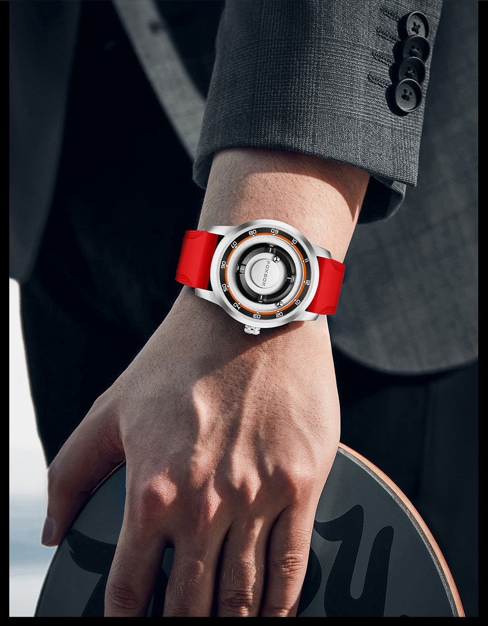 FOXBOX Fashion Unique Dial Man Watch Leather Casual Sports Srolling Bead Magnetic Force Waterproof Quartz Watches for Men Clocks