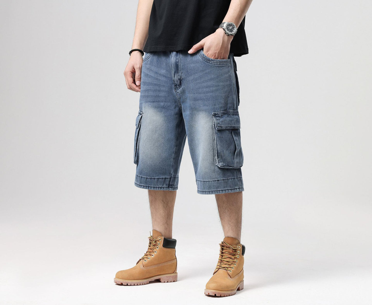 ABOORUN Mens Plus Size Loose Baggy Denim Shorts Fashion Streetwear Hip Hop Skateboard Cargo Jeans Short for Male R1402