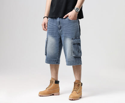 ABOORUN Mens Plus Size Loose Baggy Denim Shorts Fashion Streetwear Hip Hop Skateboard Cargo Jeans Short for Male R1402