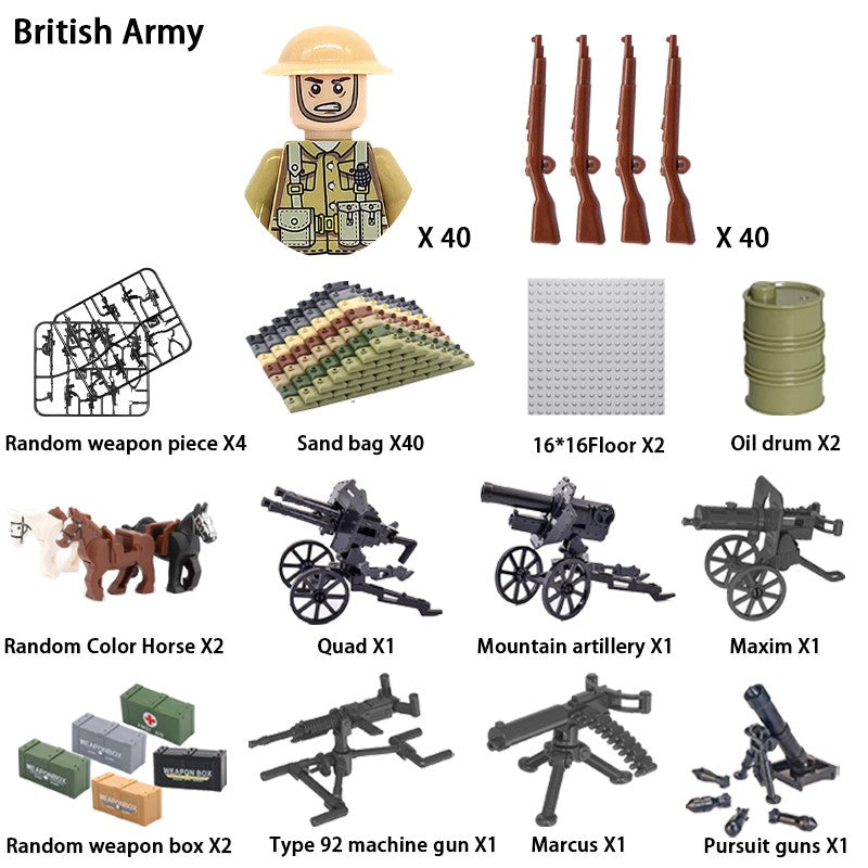 Brinquedos de blocos de montar para crianças: Modelos de Mini Armas de Exército Nacional de Guerra de Soldados de Infantaria da Segunda Guerra Mundial