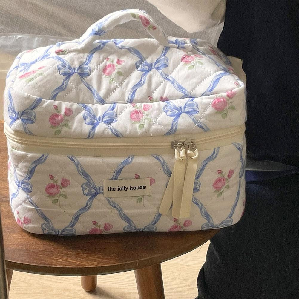 Cute Bow Flower Cloth Handbag Quilting Cotton Makeup Bag Women Zipper Cosmetic Organizer Portable Toiletry Case for Girls