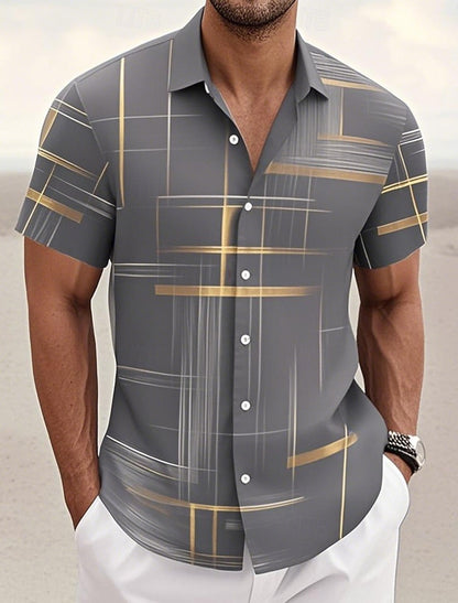 Summer Men's Geometric Grid  Plaid Shirts Short SleeveTurndown Hawaiian Shirt Button Up Shirts No Pockets Shirts