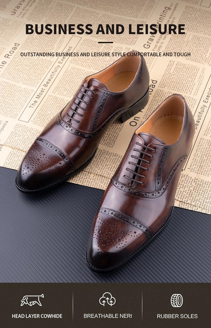 Classic Brogue Shoe Men's Business Suits Matches New Style Genuine Cowhide Handmade Formal Office Wedding Party Mans Dress Shoes