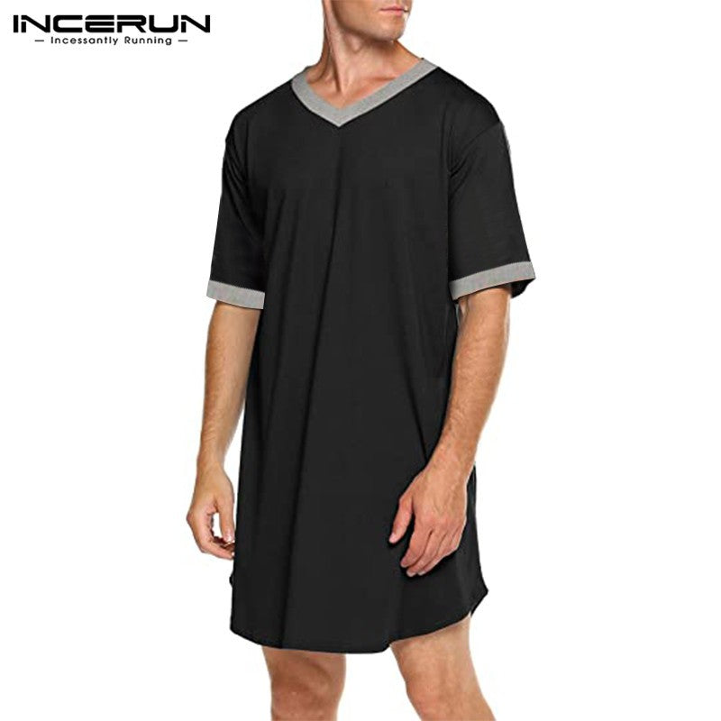 INCERUN 2024 Men Sleep Robes Short Sleeve V Neck Nightgown Patchwork Cozy Homewear Fashion Loose Mens Bathrobes Dressing Gown