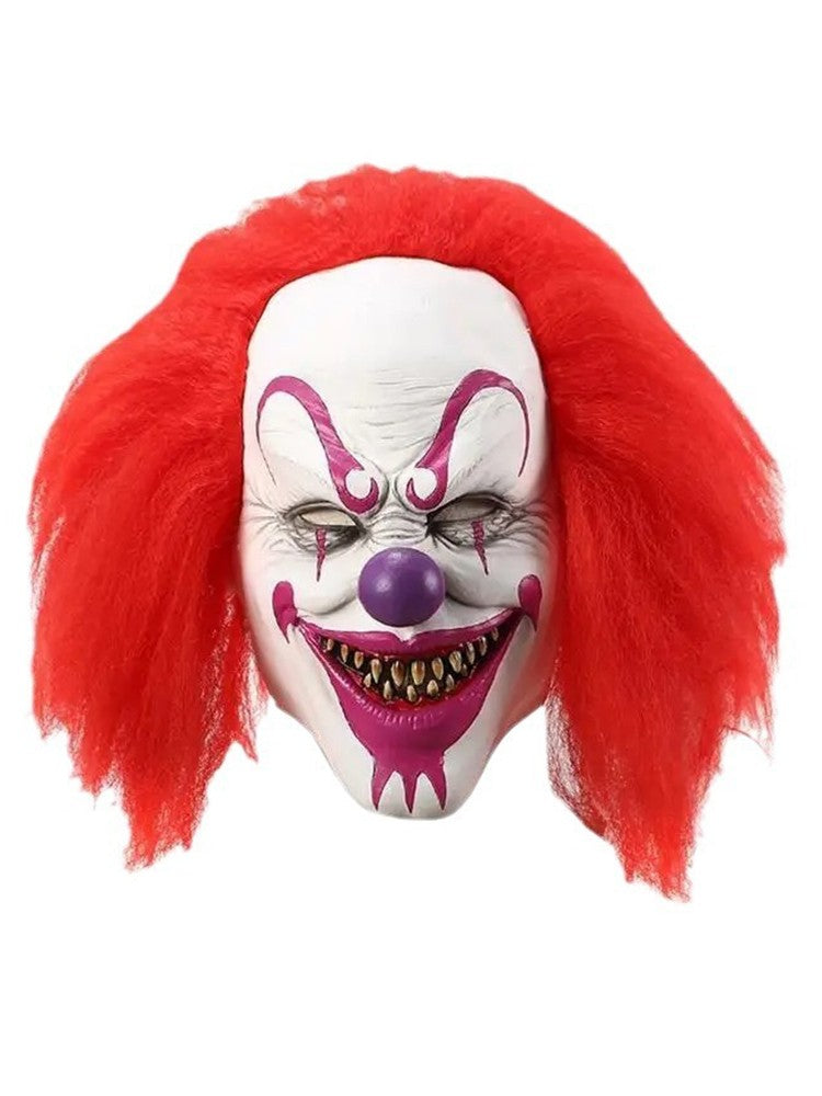 Evil Grinning Clown Mask Purple Nose Red Wig Latex Mask Halloween Carnival Haunted House Bar Prank Cosplay Costume Accessory