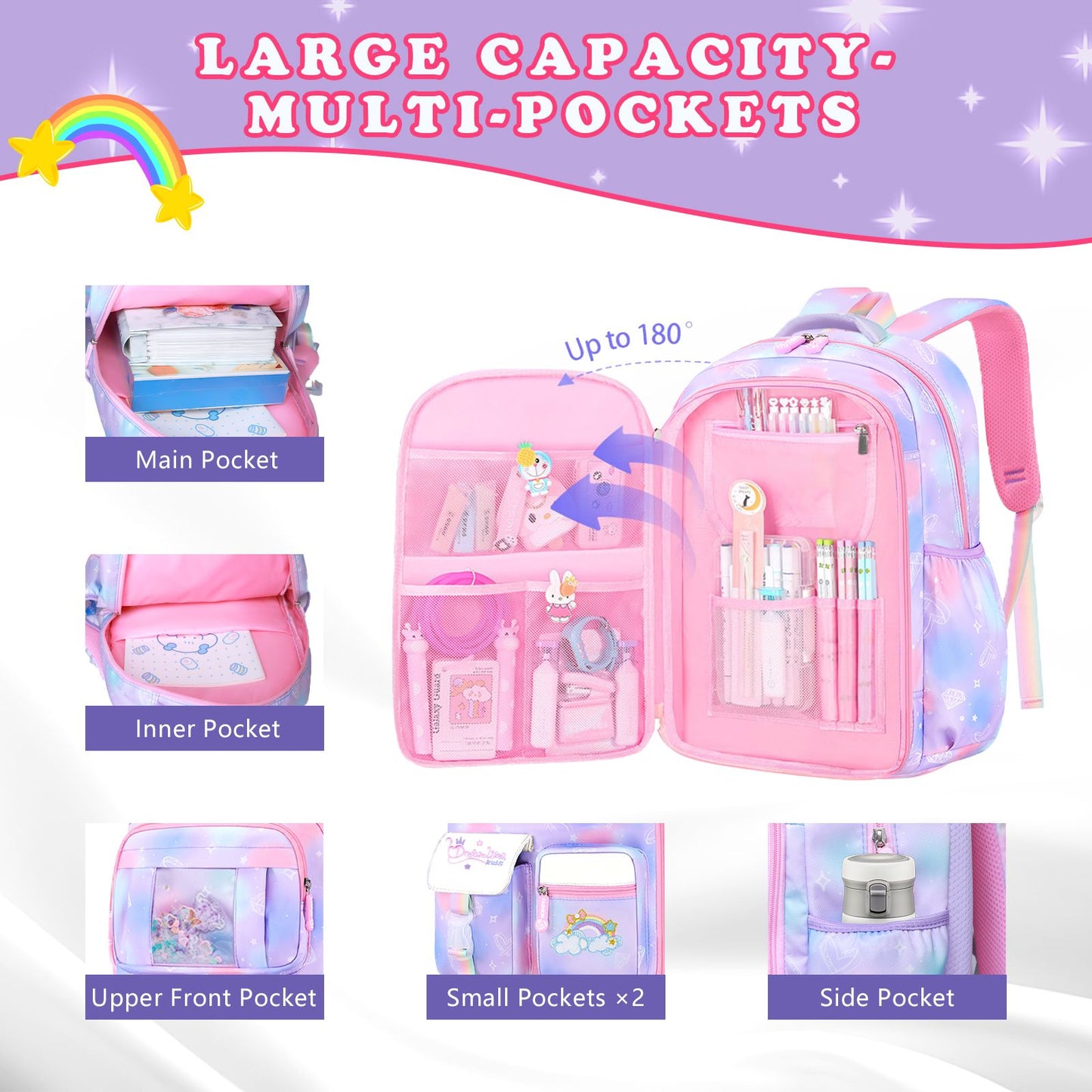 Mochila Escolar Feminina de 3 Peças Grande Capacidade Bolsa Escolar Infantil com Lancheira Estojo Bolsa de Viagem Presente Infantil