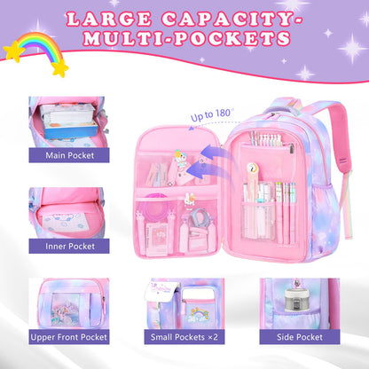 Mochila Escolar Feminina de 3 Peças Grande Capacidade Bolsa Escolar Infantil com Lancheira Estojo Bolsa de Viagem Presente Infantil
