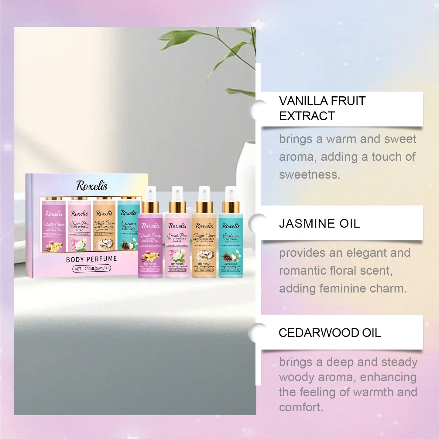 Roxelis 1 Conjunto de Perfume em Spray Corporal de Longa Duração com Fragrância de Frutas Frescas para o Dia a Dia, Encontros, Glamour, Flertes e Perfume Elegante