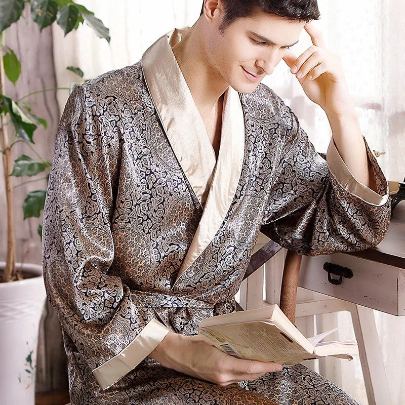 Men Bath Robe Satin Print Gold Kimono Bathrobe Silk Long Dressing Gown Plus Size Sleepwear Geometric Lounge Nightgown XL 4XL 5XL