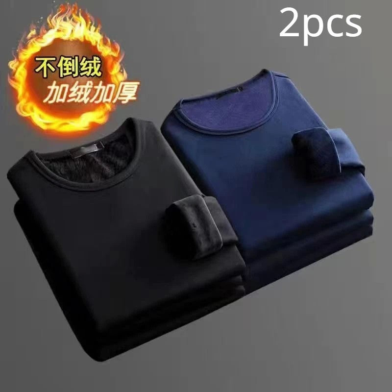 2PCS Men's Underwear Winter Long-sleeved Thermal Underwear Plus Velvet Padded T-shirt O-Neck Solid Color Slim Bottoming Shirt