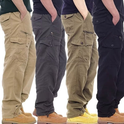Calça Cargo Masculina de Moda Casual Esportiva com Muitos Bolsos Calça Masculina Solta Reta Elástica Calça Utilitária Versátil e Confortável