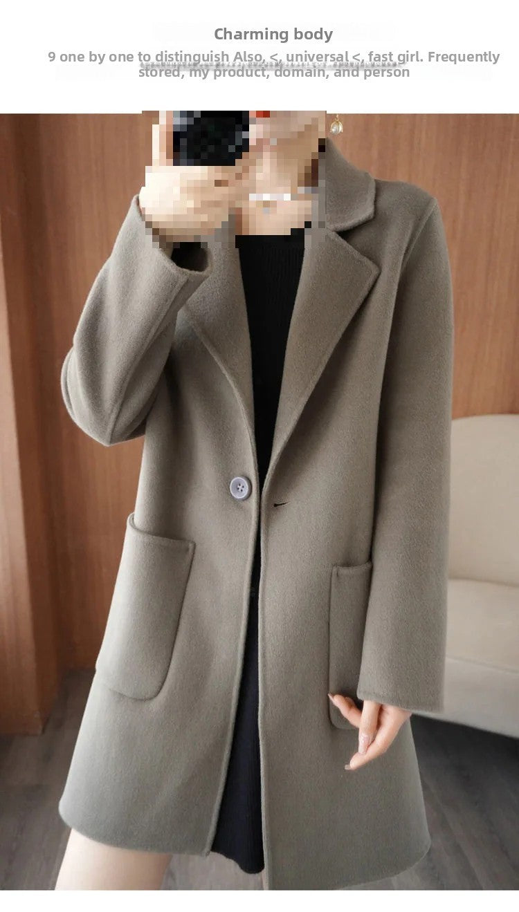 Ladies' Fashionable Woolen Coat Autumn Winter High End Medium Length Leisure Style Woolen Outerwear Pure Color Full Sleeve
