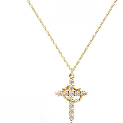 Colar Feminino de Cruz com Diamantes - Colar Requintado com Pingente de Zircônia Cúbica de Ouro 14k Colar Simples com Pingente de Cruz Dourada