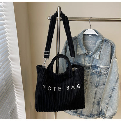 Large Capacity Striped Velvet Handbag Shoulder Bag for Woman Handbags Crossbody Bags, Versatile Letter Corduroy Women's Tote Bag