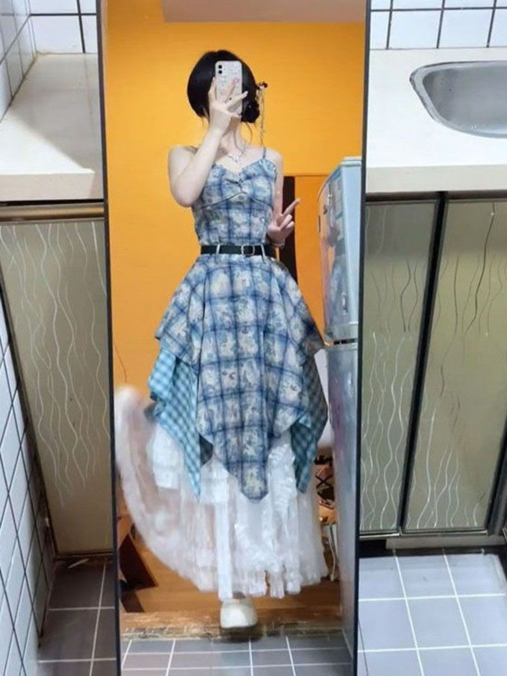 Watercolor Gingham Slip Dress Women 2025 Summer Sweetheart Aesthetic Asymmetric Tie Waist A Line Dreamcore Romance