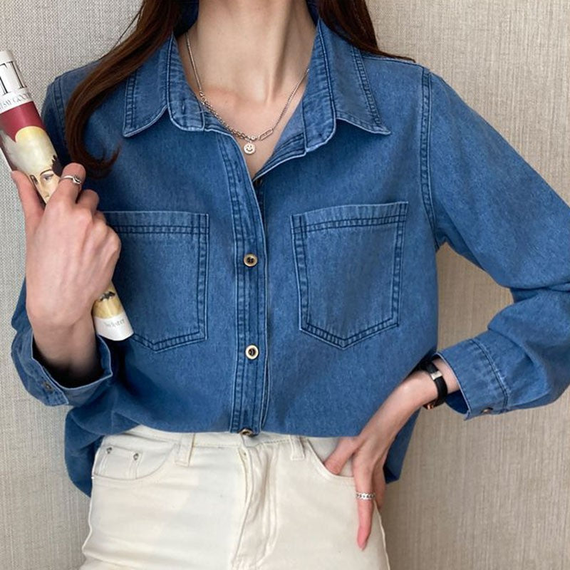 Lucyever Blue Denim Shirt Women 2023 Autumn New Single-Breasted Jeans Blouses Female Pockets Loose Fashion Lapel Cowboy Blusas