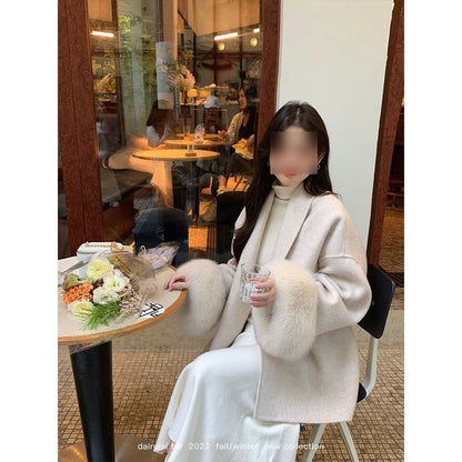 Fox-wool Double-faced Tweed Charming Fur Coat Fashionable Mid-length