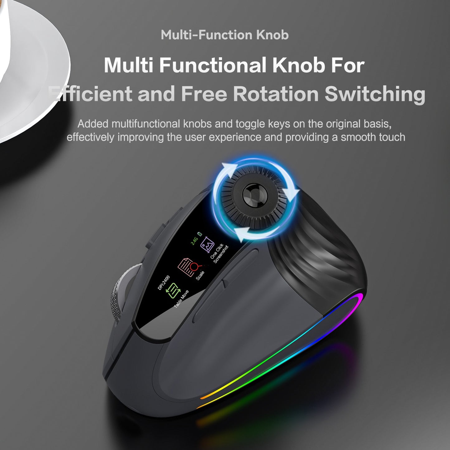 Mouse Vertical Sem Fio Jomaa RGB Retroiluminado Speed Roller com Botão de Ajuste de Função Bluetooth USB Ergonômico Click Silencioso