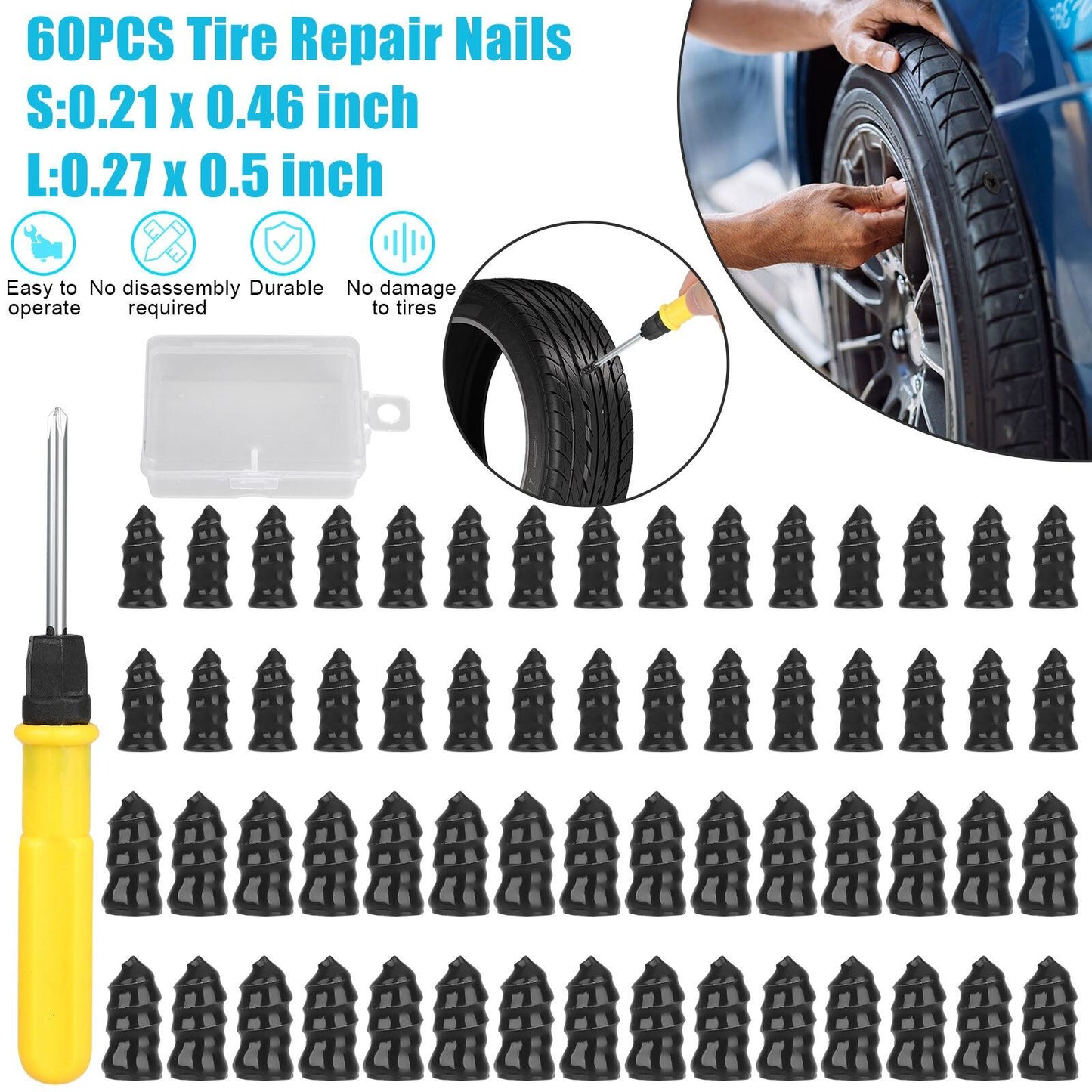 60 PEÇAS Prego de Borracha para Reparo de Pneu de Vácuo de Carro + Conjunto de Ferramentas com Caixa Prego de Carro para Reparo de Pneu de Moto com Chave de Fenda