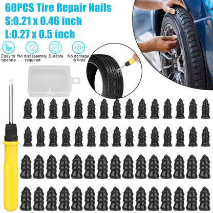 60 PEÇAS Prego de Borracha para Reparo de Pneu de Vácuo de Carro + Conjunto de Ferramentas com Caixa Prego de Carro para Reparo de Pneu de Moto com Chave de Fenda