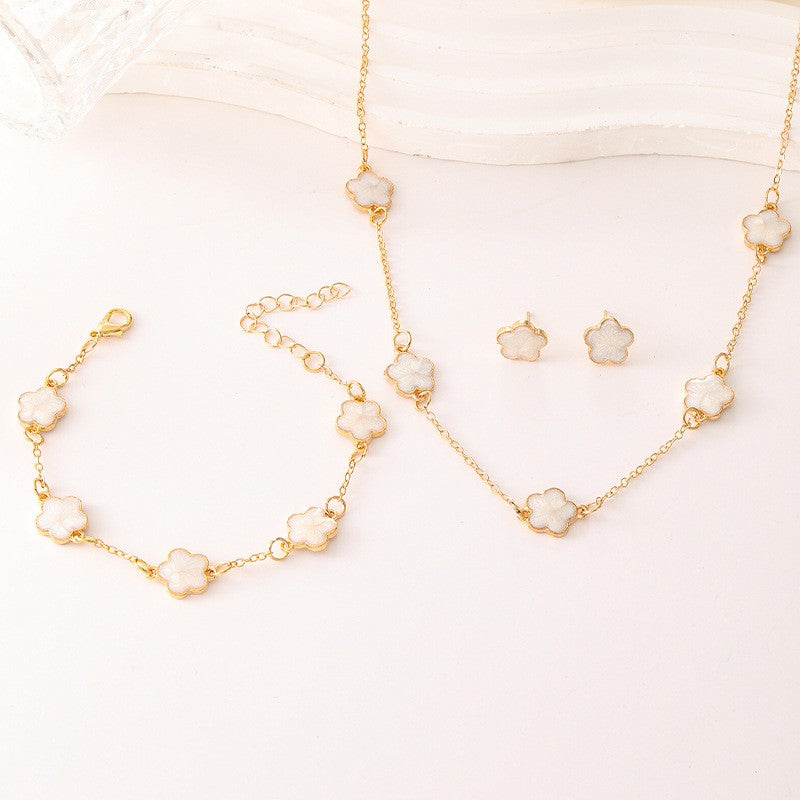 3pçs/conjunto Colar, Pulseira e Brincos de Flor de Cinco Pétalas da Sorte para Mulheres Elegante Trevo Moda Festa Joias Presentes Acessórios