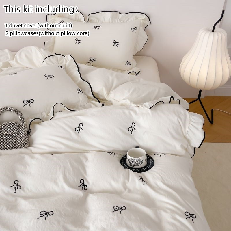 3pcs bow embroidery Bedding set ruffles Duvet Cover Set (1*Duvet Cover + 2*Pillowcase, Without Core)for bedroom guest room