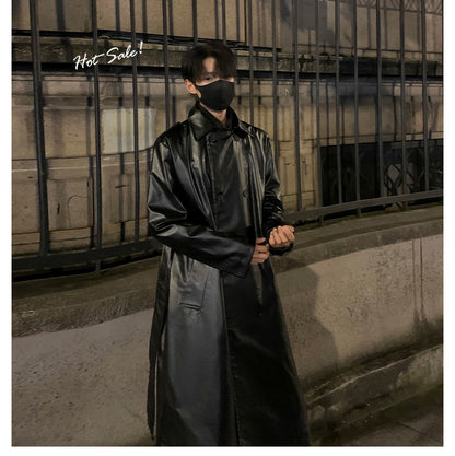 Autumn Trench Coat Men's High-end Luxury Double Row PU Leather Coat Male Long Korean Style Windbreaker Motorcycle Leather Jacket