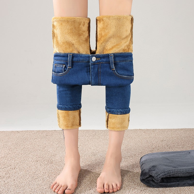 Women Thermal Jeans Winter Snow Warm Thickened Fleece Stretch Skinny Pencil Pants Fashion Korean Slim Fit Velvet Plush Pants