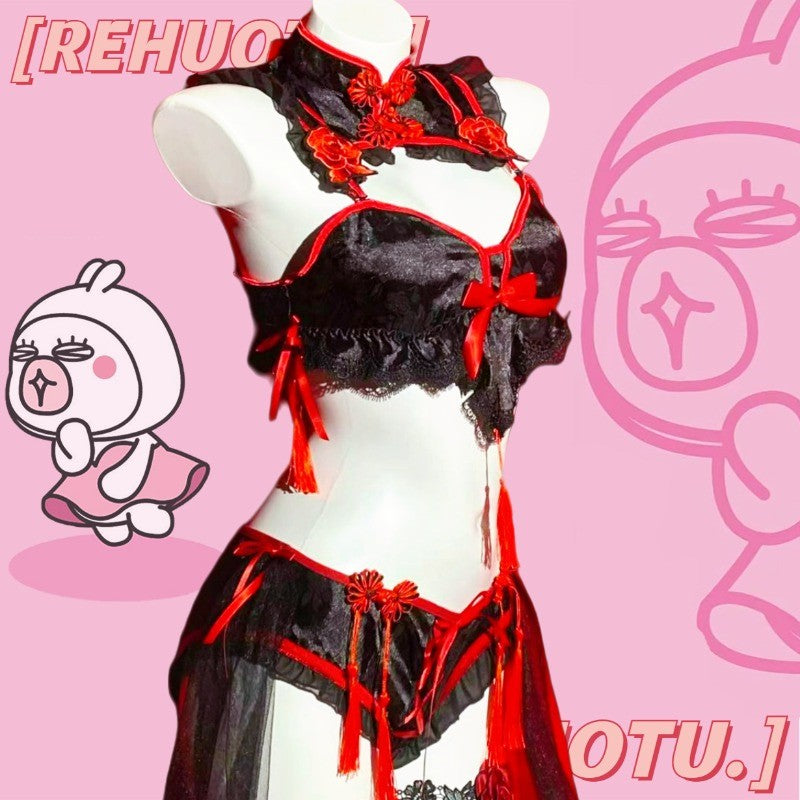 Gothic Vintage Cheongsam Lingerie Dress Maid Cosplay Uniform Lolita Lace Embroidery Underwear Set Sexy Halloween Sweet Costume